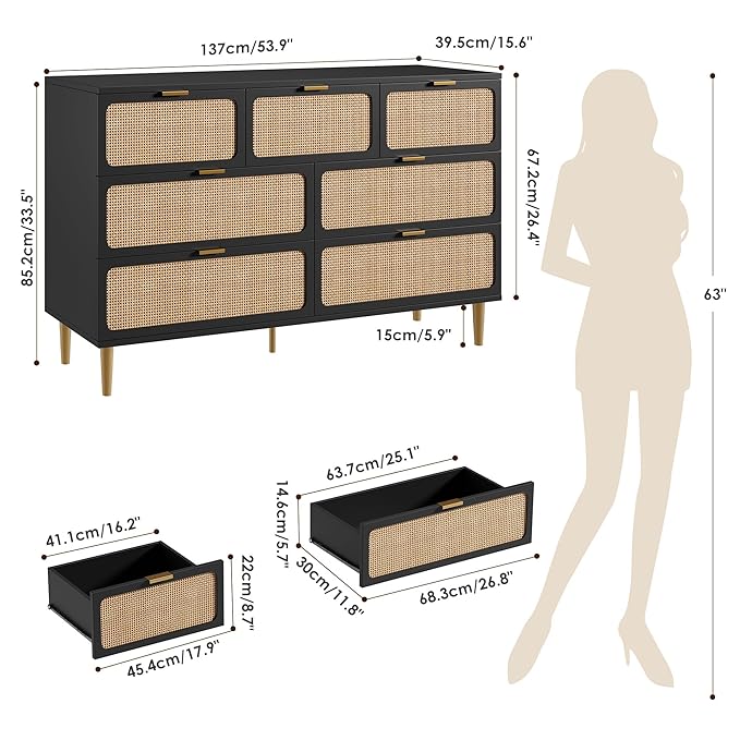 Garvee Rattan Dresser with 7 Drawers, Tall Modern Closet with Deep Storage, Large Chest of Drawers with Wide Top, Long Wooden Dresser for Bedroom, Living Room, Hallway, Kids Room, Black
