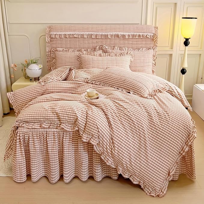 LifeTB Pink Gingham Comforter Set King 3 Pieces Ruffle Pink Plaid Comforter Set Fluffy Soft Grid Bedding Set Vintage Checkered Comforter with 2 Pillowcases Farmhouse Gingham Plaid Bedding Set King