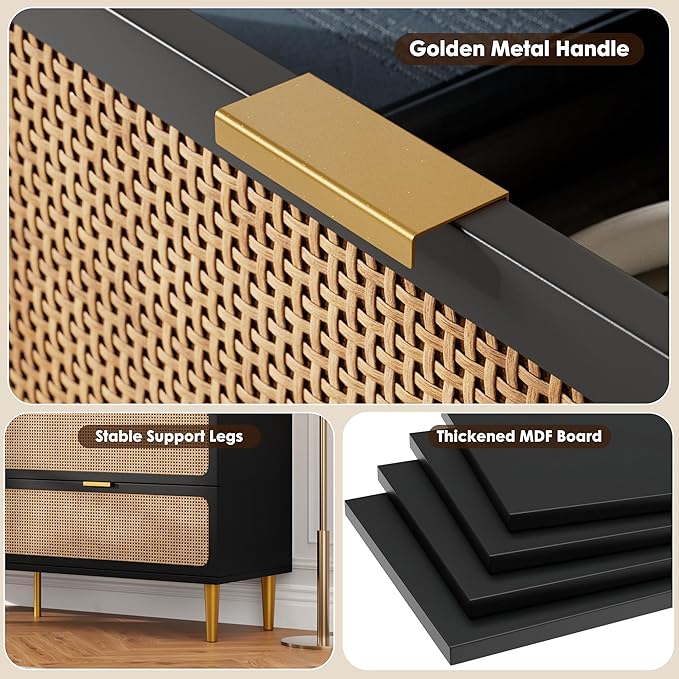 Garvee Rattan Dresser with 7 Drawers, Tall Modern Closet with Deep Storage, Large Chest of Drawers with Wide Top, Long Wooden Dresser for Bedroom, Living Room, Hallway, Kids Room, Black