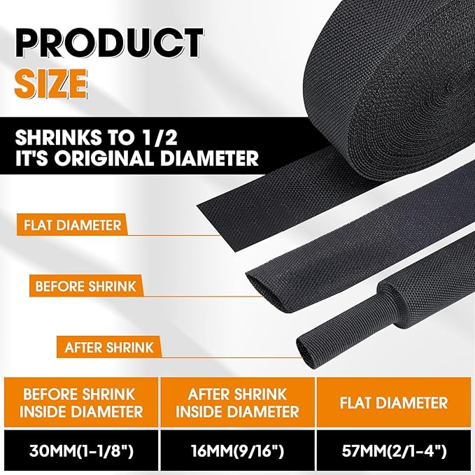 SUNNAREPOON Black 2:1 Ratio Automotive Heat Shrink Braided Sleeving,Wear-Resistant Flat Woven Shrinkable Sleeve Fabric Car Cable Wires Hoses Protection (1-1/8"-66ft)