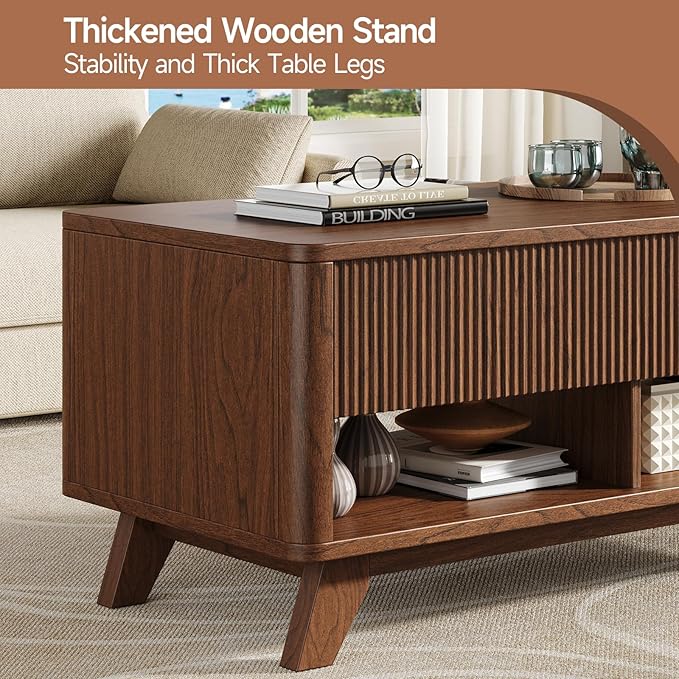 ONBRILL Farmhouse Lift Top Coffee Table, Mid Century Modern Coffee Table with Hidden Storage Compartment, Fluted Rising Pull up Wood Modern Center for Living Room, Office, Walnut
