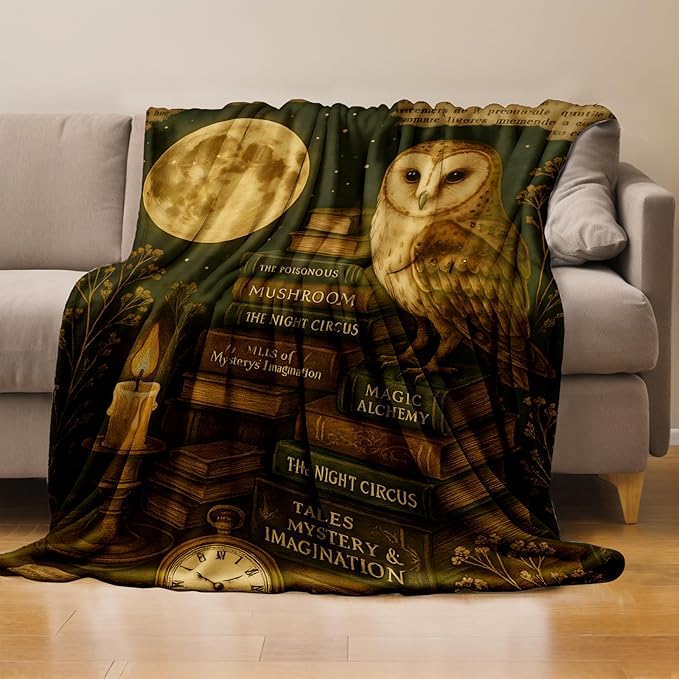 Mystical Owl and Moon Throw Blanket Gifts for Boys Girls Kids Adults, Vintage Magic Books Theme Flannel Blankets for Travel Sofa Living Room Decor 40"x50"