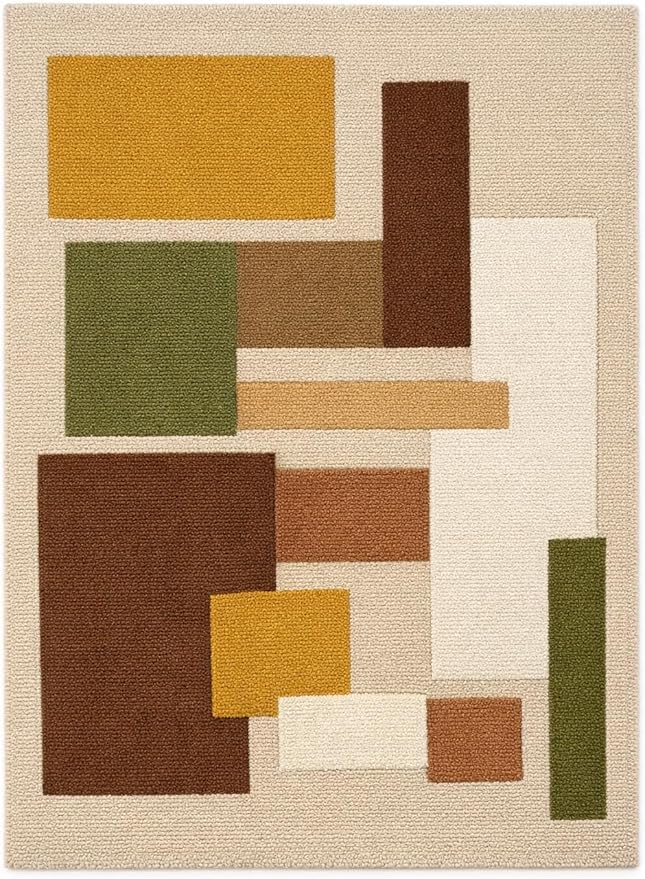 Hand Tufted Wool Geometric Rug-Mid-Century Modern Abstract Geometric Wool Earth Tone Green, Mustard & Terracotta Rug - Handmade Tufted Area Rug for Home Decor (7x10 Square Feet)