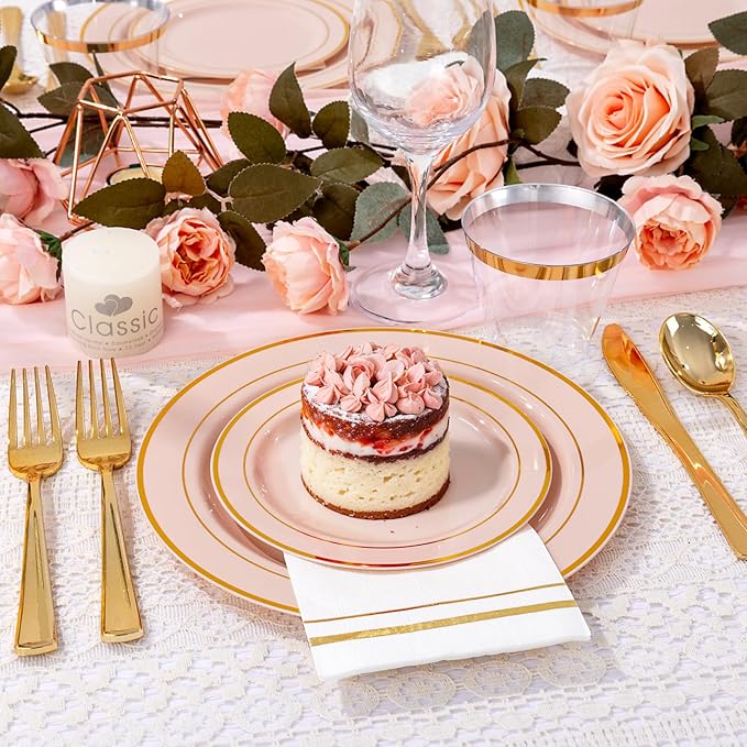 GATHER 350PCS Pink Plastic Plates - Disposable Plastic Dinnerware Set Include 100 Pink Plates, 150 Silverware, 50 Napkins, 50 Cups for Party & Wedding