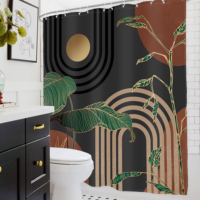 Glawry Brown Abstract Mid Century Shower Curtain Boho Retro Tropical Palm Tree Sun Arch Modern Bathroom Aesthetic Geometric 72Wx78L Inches Bath Accessories Art Home Decor Fabric 12 Pack Hooks