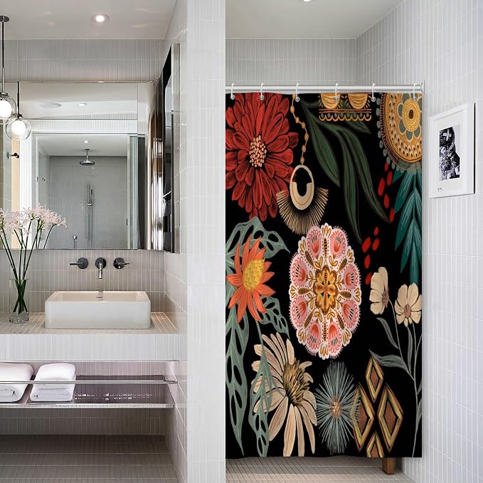 Black Boho Floral Shower Curtain Abstract Botanical Mid Century Modern Bathroom Decor Tropical Flower Shower Curtain with 10 Hooks,54x72 inches