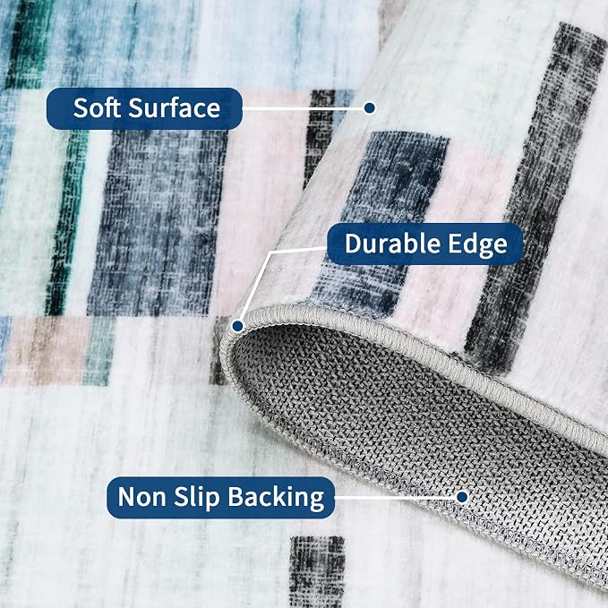 Washable Rug Runners for Hallways Non Slip 2x6 Modern Geometric Kitchen Rugs Farmhouse Entryway Rug Soft Bathroom Rugs Stain Resistant Carpet for Laundry Bedroom 2'x6' Blue