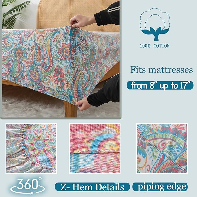 Zusbest King Size Sheets 100% Cotton Pink Green Paisley Floral Bed Sheet Set Watercolor Bedding Luxury Soft Breathable Crispy Cooling Percale Printed Sheet 17.5 Inches Deep Pocket Bed Set King, 4Pcs