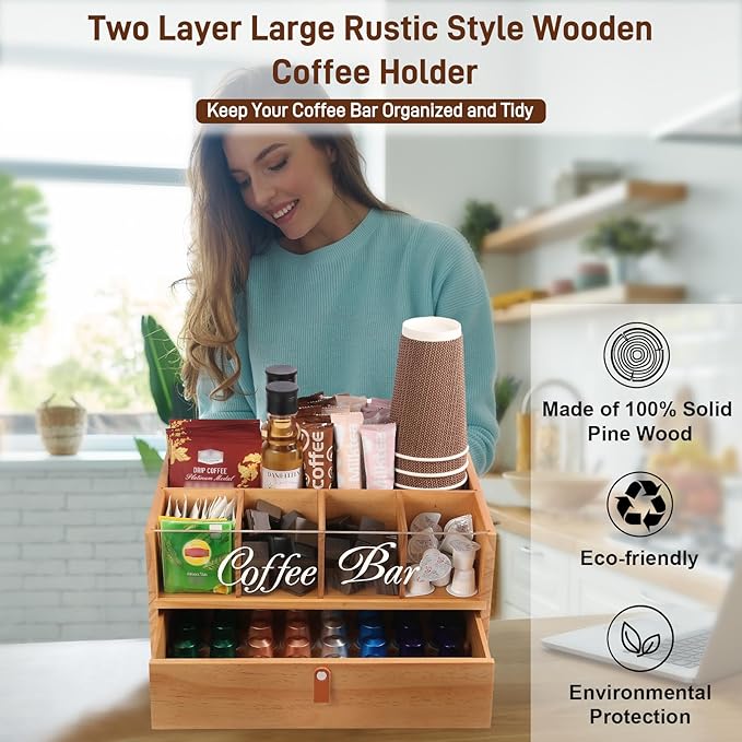 Intarsio 2-Tier Coffee Bar Organizer with Clear Acrylic Top, Built-in Drawer and Leather Handle Pull for Countertop, Stylish Coffee Station Storage Box for Accessories, Pods, Great Gifts for Home