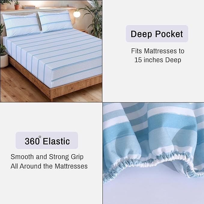 RUVANTI 100% Organic Cotton Sheets Twin Size, Percale Weave, GOTS Certified, 3-Piece Set, Deep Pocket 15", Crisp & Breathable, Soft Durable Bedding, Sábanas Algodón Orgánico – Nautical Stripes