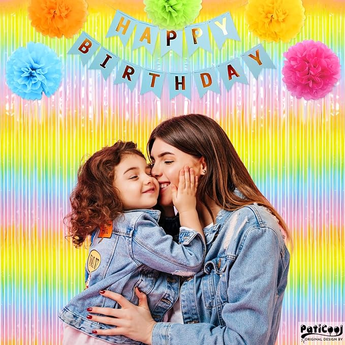 Thicken Pastel Rainbow Streamers 4 Pack 3.2 x 8.2 FT, Pastel Birthday Decrorations Tinsel Backdrop Curtains, Foil Fringe Photo Backdrop for Baby Shower, Easter, Spring Party Decorations
