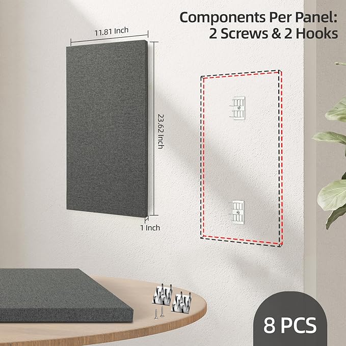 Art3dwallpanels 8 PCS Acoustic Panels, 24''x12'' Fabric Soundproof Wall Panels, Easy-Hook Mounting Sound Absorbing Panels for Studios, Office, Home Theater,Dark Grey