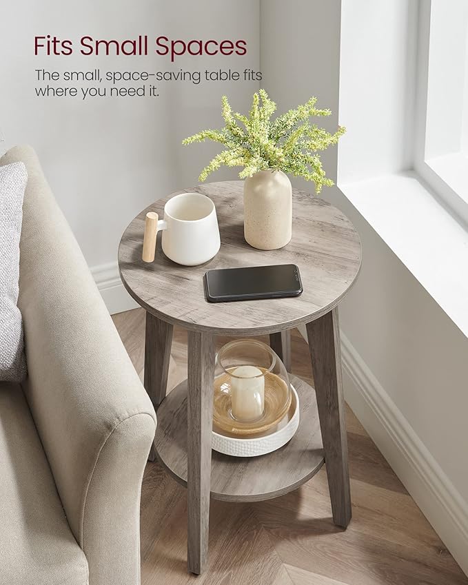VASAGLE MAEZO Collection - Side Table, 2-Tier Small Round End Table, Nightstand with Tapered Legs, Curved Transitions, for Small Spaces, Living Room, Bedroom, Heather Greige ULET283T02