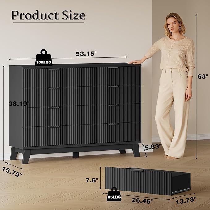 BORNOON 53" Tall Dresser for Bedroom, 8-Drawer Fluted Chest of Drawers, Modern Wood Highboy with Metal Slides and Handles, Anti-Tip Kit, Vertical Clothes Storage Organizer for Apartment, Closet