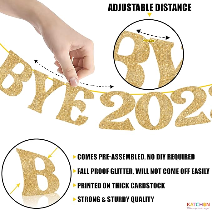 KatchOn, Glitter Gold Happy New Year Banner - 10 Feet, Bye 2025 Hello 2026 Banner | Happy New Years Decorations, Happy New Year 2026 Sign | New Years Eve Party Supplies 2026 | Nye Decorations 2026