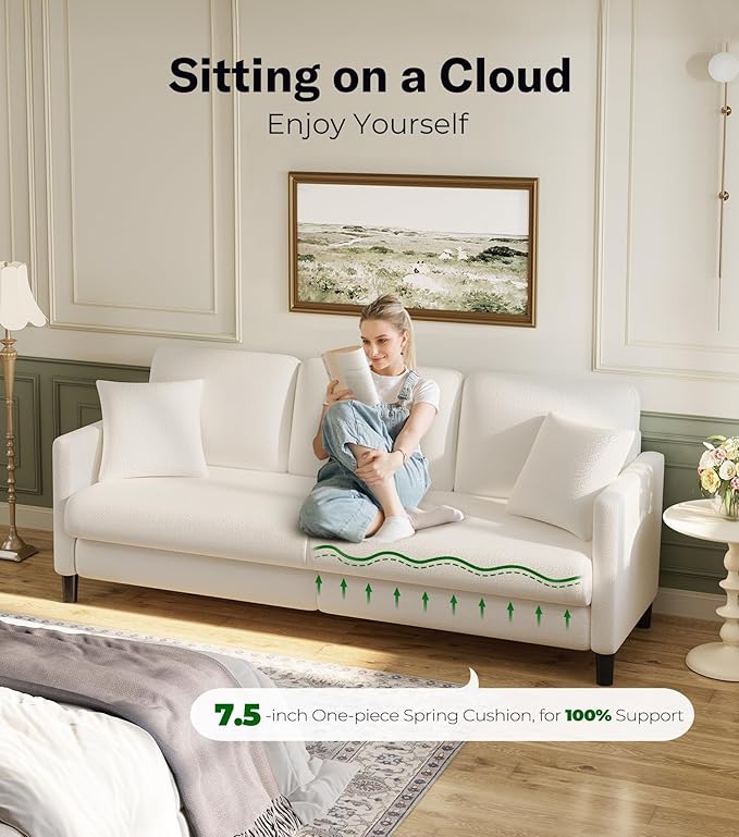 83" Couches for Living Room, Comfy Sofas for Living Room, Teddy Sofa Couch, Tool-Free Setup Loveseat Sofa, All-Wood Love Seat Couches, Small Couch 2 Pillows Included, Beige