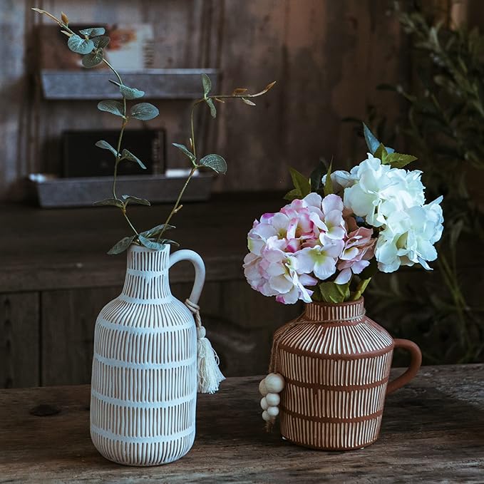 Rustic Farmhouse Vase with Handle and Boho Wooden Beads - Terracotta Vase with Vertical Stripes for Vintage Home Decor