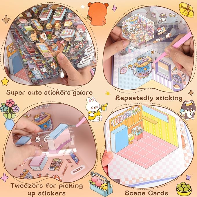 ASTARON 20 Sets DIY 3D Sticker Scene Book Sticker Therapy for Adults, Make Your Own Mini Cozy Shop House Room Stickers Cute Cartoon Miniature Stickers for Girls, Relief Stress Pass The Time