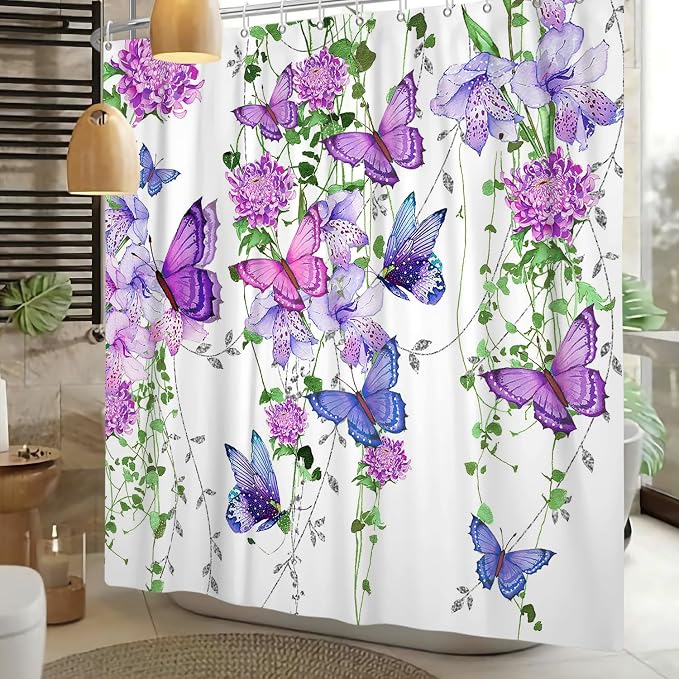 Violet Butterfly Floral Shower Curtain Spring Lavender Shower Curtain Lilac Pink Floral Bathroom Decor Waterproof Polyester Fabric with 12 Hooks,69x70 Inches