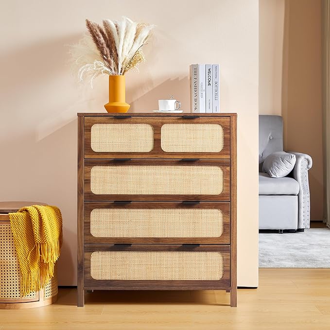 LEVNARY 4 Drawer Dresser Set of 2, Rattan Dressers Storage Cane Cabinet, Wooden Chest of Drawers Dresser for Bedroom, Entryway, Living Room (2, Walnut)
