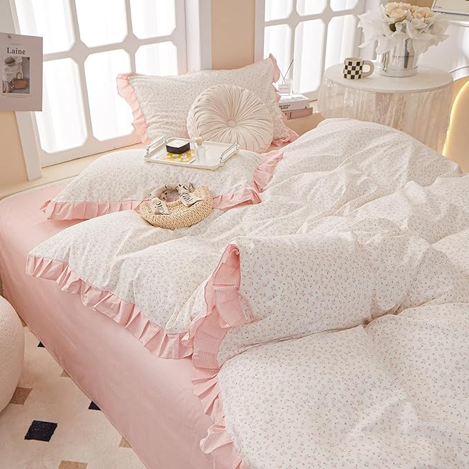 Romantic Pink Floral Duvet Cover Queen 100% Cotton Pink Ruffle Duvet Cover Girls Flower Comforter Cover Princess Lace Bedding Set Vintage Floral Coquette Bedding Comforter Cover with 2 Pillowcases