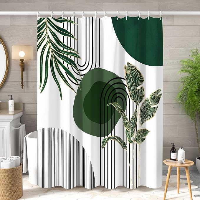 Mid Century Green Shower Curtain for Bathroom Boho Modern Abstract Plant Tropical Leaves Bathroom Curtain Set Geometric Arch Minimalist Waterproof Fabric Bath Decor 48x72 inch