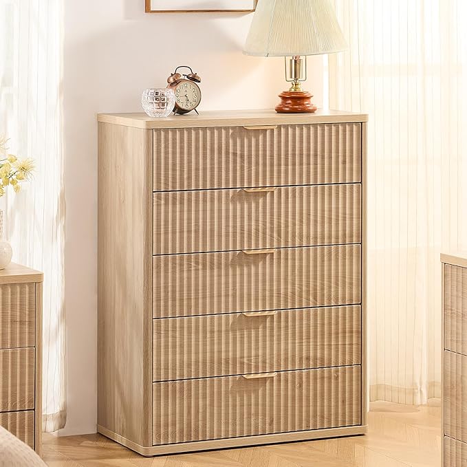 LEYAOYAO Fluted 5 Drawers Dresser for Bedroom, 41" Tall Modern Chest of Drawers with Metal Handle, Curved Profile Farmhouse Closet Organizer Wood Dressers TV Stand for Living Room, Hallway