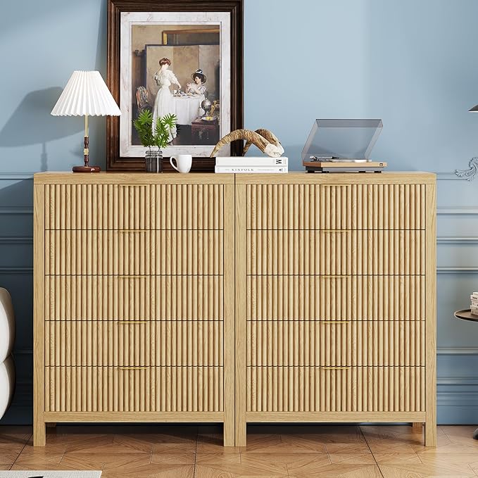 JZXSHD 5 Drawer Dresser, 43" Tall Dresser Organizer TV Drawer Cabinet Modern Wood Storage Cabinet, Modern Wood Storage Cabinet for Bedroom, Hallway, Entryway, Natural X 2