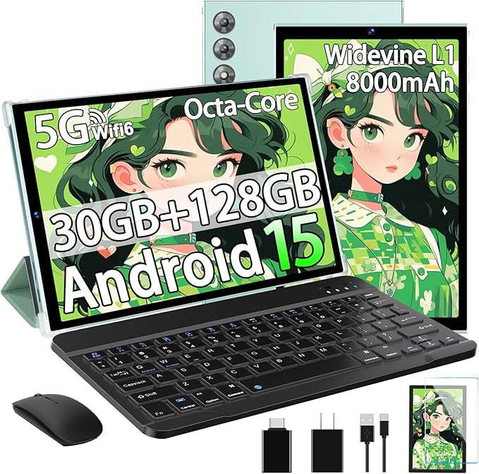 SKYEGG 2025 Android 15 Tablet 10.1 Inch Tablets, 30GB RAM 128GB ROM 1TB Expand, 8000mAh Battery, BT5.0, 2.4/5G Wi-Fi 6, Metal Body with Keyboard & Mouse, Gemini AI, Widevine L1 HD IPS Display - Green