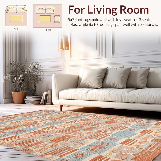 Flatwoven High Traffic Area Rug 8x10, Modern Farmhouse Geometric Terracotta Design, Non Slip, Stain Resistant, Washable Area Rugs for Living Room, Bedroom (Orange, 8x10)