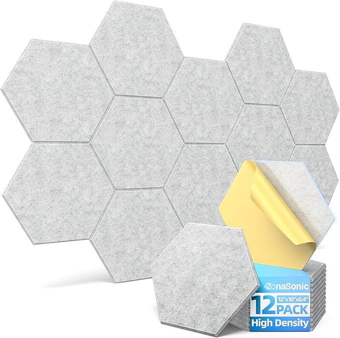 12 Pack Hexagon Acoustic Panels with Self-Adhesive, 12" X 10" X 0.4" Sound Proof Foam Panels for Walls, High Density Soundproof Wall Panels, Sound Dampening Panels for Home Studio Decor Office - Gray