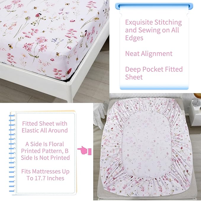 RYNGHIPY Shabby Floral Bees Print Bedding Sheets with Pillowcases, Breathable Egyptian Cotton Bed Sheet Set (Bee,King Size)