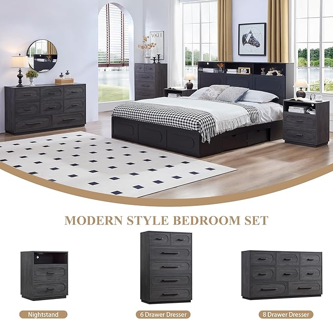 Grey Nightstand Set of 2 with Charging Station, End Table with 2 Drawers Storage, Space-Saving Wood Storage Cabinet with Unique Base Design, Bedside Table for Bedroom, Living Room