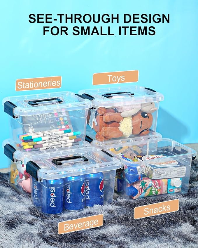 Plastic Storage Bins with Lids 6 Packs, 7 Quart Storage Organizer Bins with Buckle-Up Latches and Handle, Stackable Storage Containers for Home Pantry Office Classroom Organization, Clear