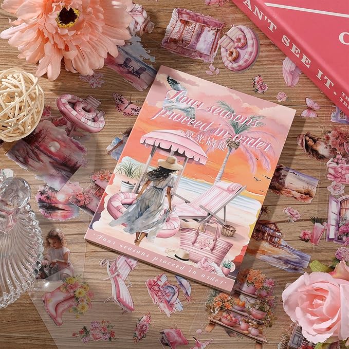 Auguro PET 20 Sheets 120 Pre-Cut Summer Stickers for Scrapbooking People Beach Scrapbook Sticker Transparent Stickers for journaling Junk journaling Supplies
