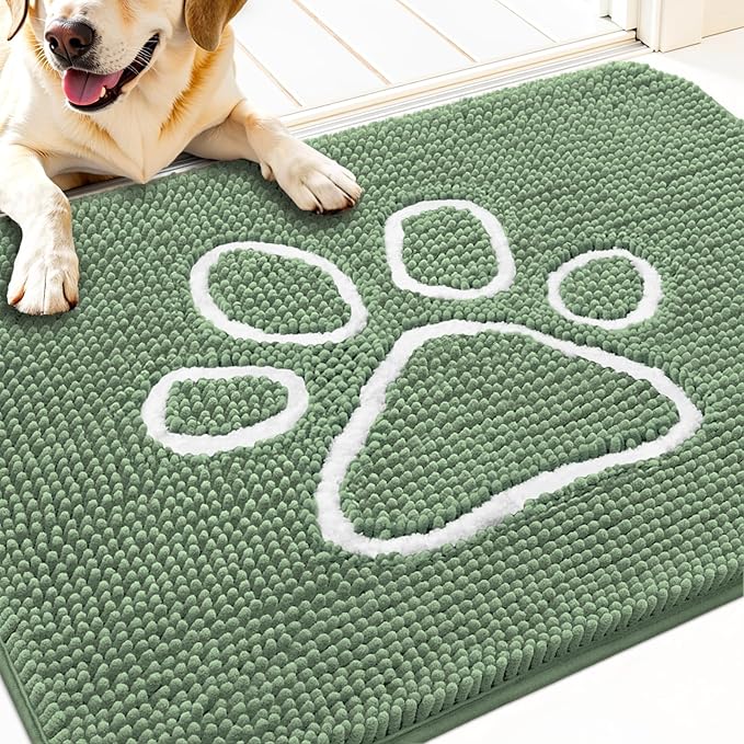 OLANLY Dog Door Mat for Muddy Paws 30x20, Paw Print Design, Absorbs Moisture and Dirt, Non-Slip Washable Doormat, Quick Dry Chenille Mud Mat, Entry Indoor Entryway Carpet, Olive Green and White