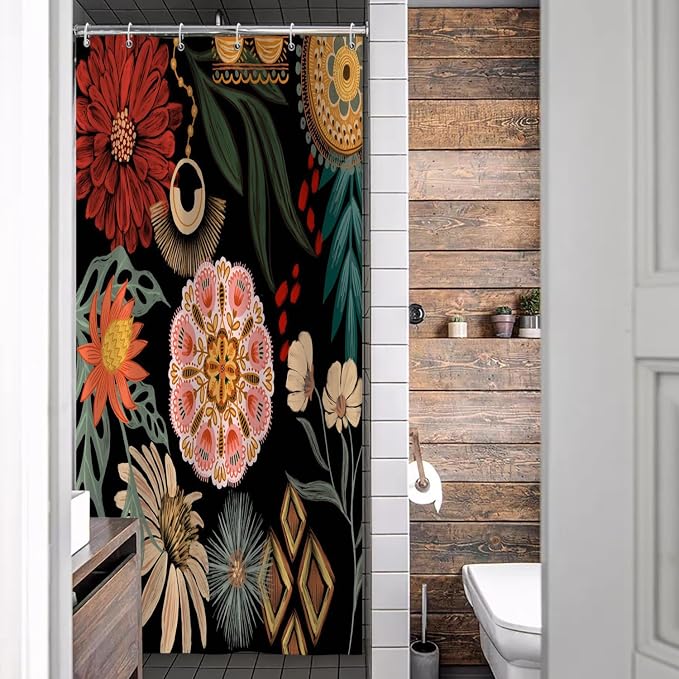 Black Boho Floral Shower Curtain Abstract Botanical Mid Century Modern Bathroom Decor Tropical Flower Shower Curtain with 6 Hooks,36x72 inches