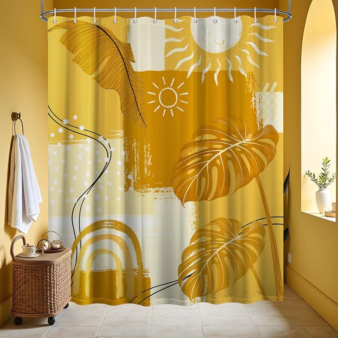Extra Tall Shower Curtain XL Mustard Mid Century Modern, 70 x 96 in | for Extra Long 96 Inchs Shower, Yellow Abstract Pattern Design, Large Bathroom Decor Sets Waterproof Cloth Fabric, with Hooks