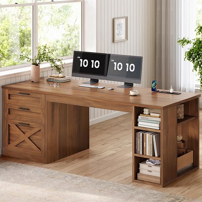 SEDETA 55.1" Executive Office Desk with 3 Drawers, Farmhouse Computer Desk with File Drawer & Storage Shelves, Home Office Desk with Power Outlet for Home Office, Brown