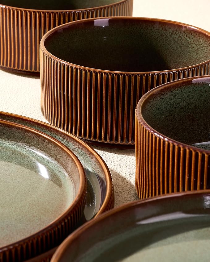 Stoneware Plates and Bowls Dishes Sets Service for 6 (18-Piece), Famiware Premium Handcrafted Reactive Glaze Dinnerware Set with Raised Rim, Scratch Resistant, Microwave Dishwasher Safe, Moss Cocoa
