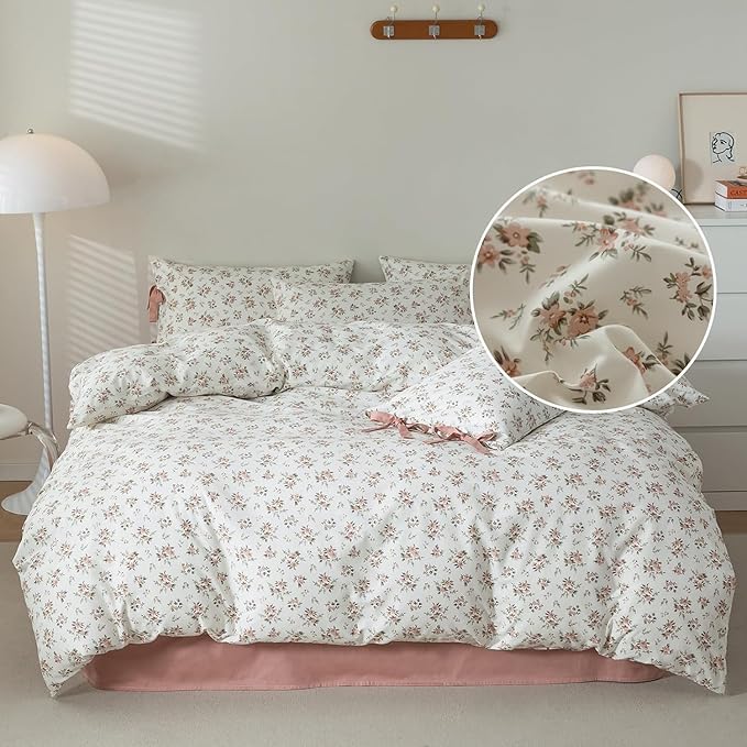 Vintage Garden Floral White Comforter Set Full Pink Flower Green Leaves Bedding Comforter Fluffy Pink Floral Cottagecore Bedding Set with 2 Bow Ties Pillowcases Botanical Comforter Set for All Season