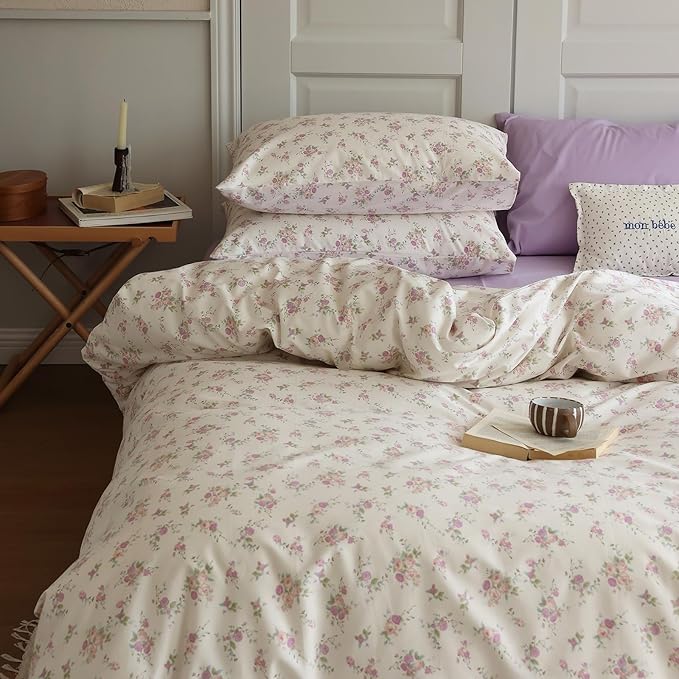 Vintage Floral Comforter Set King 3 Pieces Boho Floral Bedding Comforter Fluffy Soft Botanical Flowers Comforter with 2 Pillowcases Cottagecore Bedding Set Pink Purple Flowers King Comforter Set