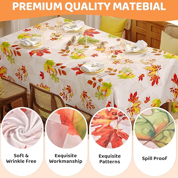 Fall Rectangle Tablecloth 60 x 84 Inch, Thanksgiving Autumn Harvest Maple Leaves Table Cloth, Spill Proof Wipeable Washable Rectangular Table Covers for Party Picnic Dinner Decor