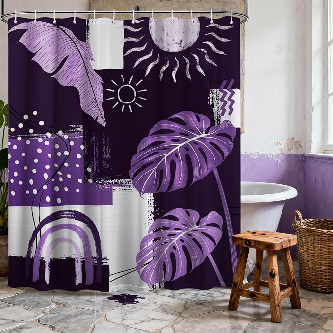 Purple Mid Century Modern Shower Curtain Bohemian Abstract Lavender Shower Curtains for Bathroom Decor Sets, Waterproof Cloth Fabric with Hooks, 70x78 Inch