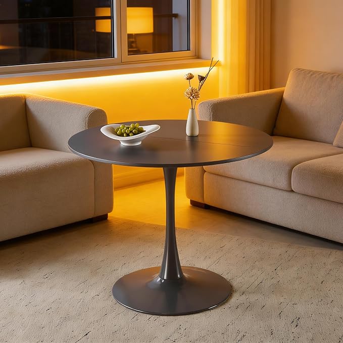 KEIKI 42.1" Round Dining Table, Mid Century Modern Bistro Table with Thickened MDF Tabletop & Metal Pedestal, for 4-6 People, Small Places, Cafe, Kitchen, Living Room, Grey