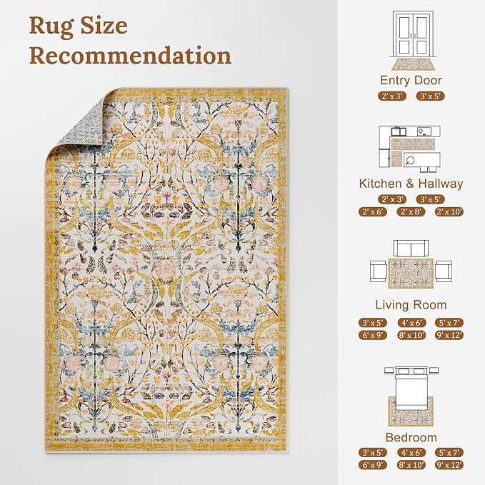 AMTOVO 5x7 Washable Area Rugs for Bedroom, Vintage Boho Floral Distressed Print Non-Slip Carpet, Soft Colorful Rug for Living Room Dining Room Nursery Farmhouse Girls Room, Golden Yellow