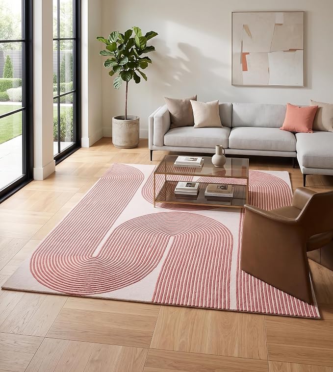 Modern Handmade Wool Area Rug, Abstract Curved Line Geometric Indoor Carpet for Living Room Bedroom, Contemporary Tufted Rug with Soft Pile and Cotton Backing (Dusty Rose, 6' x 9')