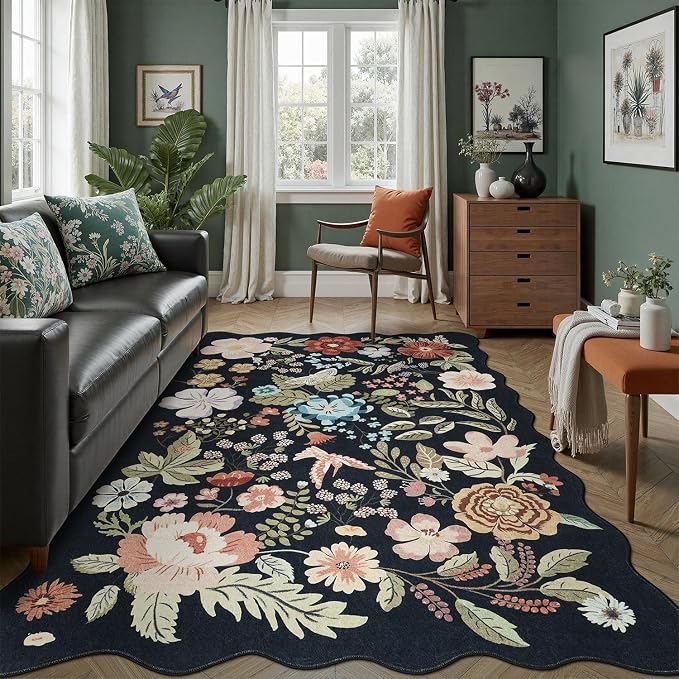 DCX Black Floral Rug 8x10, Washable Black Rug for Living Room, Kid & Pet Friendly with Rubber Back Non Slip, Soft Low Pile Carpet, Stain Resistant Rug for Bedroom, Nursery, Dining Room