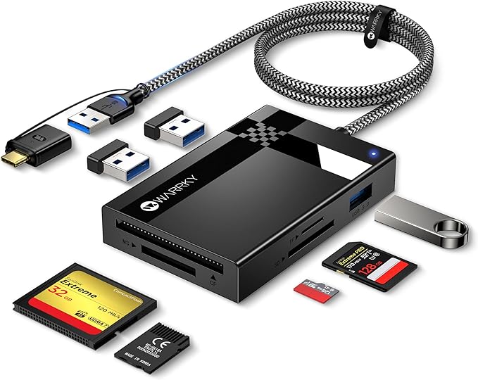 SD Card Reader 7 in 1, WARRKY [Dual Connector USB3.0/USB C, 2.5FT Nylon Cable] Memory Camera Card Adapter Hub for Micro SD/CF/MS/UHS-I, Fit for iPhone 17, Camera, MacBook Pro/Air, Mac, iPad, Android