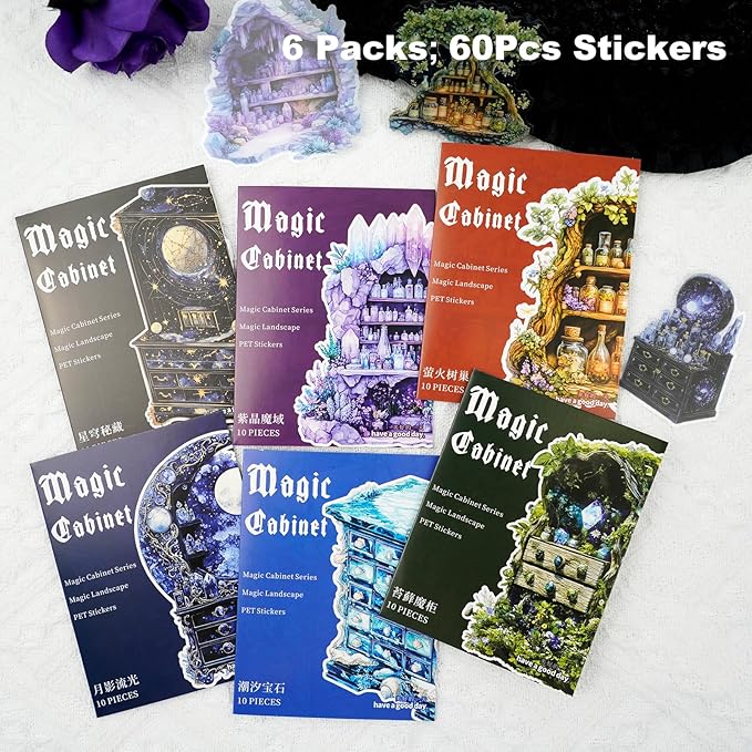 AuriicLeaf Magic Cabinet PET Stickers Set, 60PCS Fantasy Journal Stickers for Scrapbooking DIY Crafts Planner